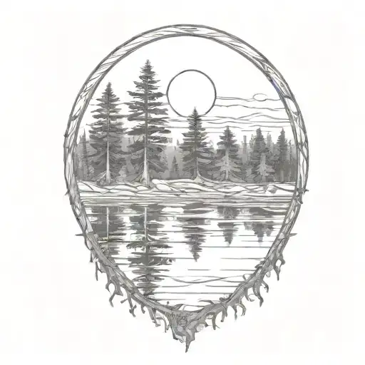cedar forest behind a pond with a fully visible shining sun tattoo design idea