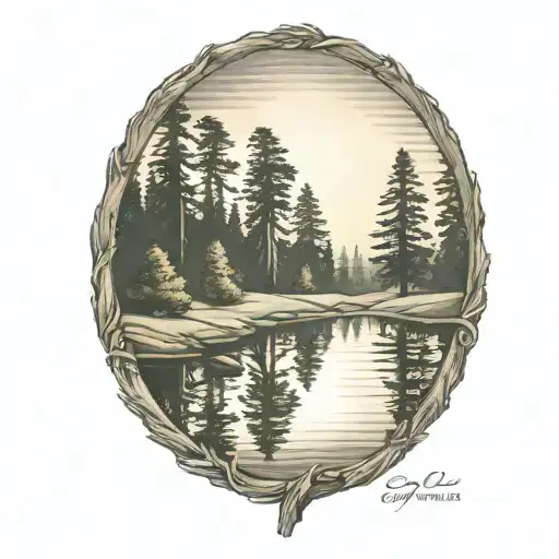 redwood trees and golf course behind a pond with a fully visible shining sun tattoo design idea
