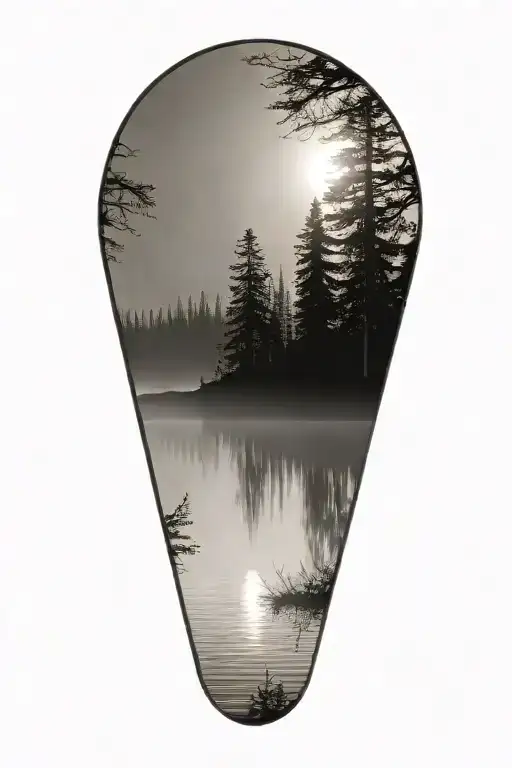 cedar forest behind water with a shining sun rising tattoo design idea