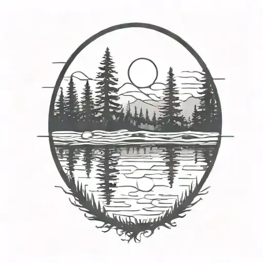 cedar forest behind a pond with a fully visible shining sun tattoo design idea