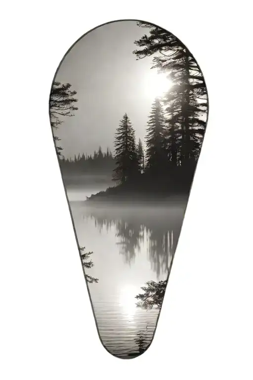 cedar forest behind water with a shining sun rising tattoo design idea