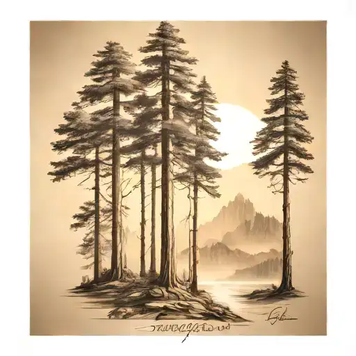 6 redwood trees at the base of a large mountain range under a shining sun tattoo design idea