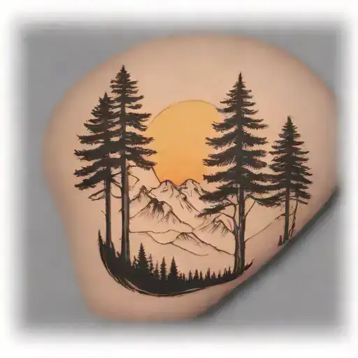 6 cedar trees at the base of a large mountain range under a shining sun tattoo design idea