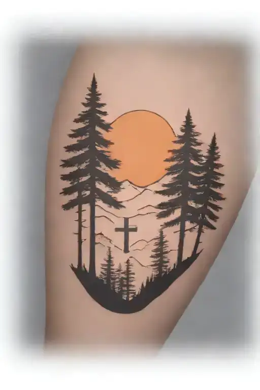 6 weeping cedar trees at the base of a large mountain range under a shining sun with a hidden celtic cross tattoo design idea
