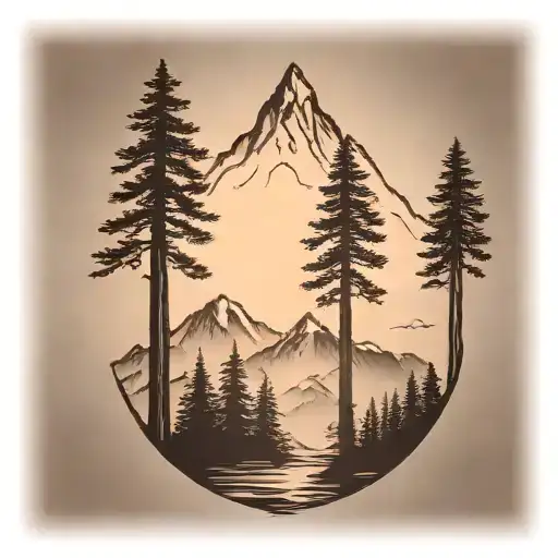 6 redwood trees at the base of a large mountain range under a shining sun tattoo design idea