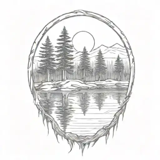cedar forest behind a pond with a fully visible shining sun tattoo design idea