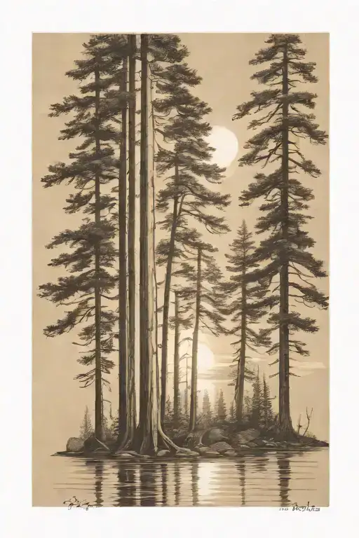 6 redwood trees of different sizes on a lake shore under a shining sun tattoo design idea