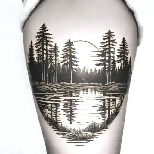 redwood trees behind a pond with a fully visible shining sun tattoo design idea