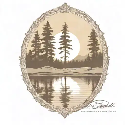 redwood trees and golf course behind a pond with a fully visible shining sun tattoo design idea