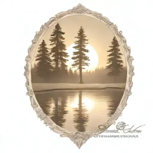 redwood trees and golf course behind a pond with a fully visible shining sun tattoo design idea