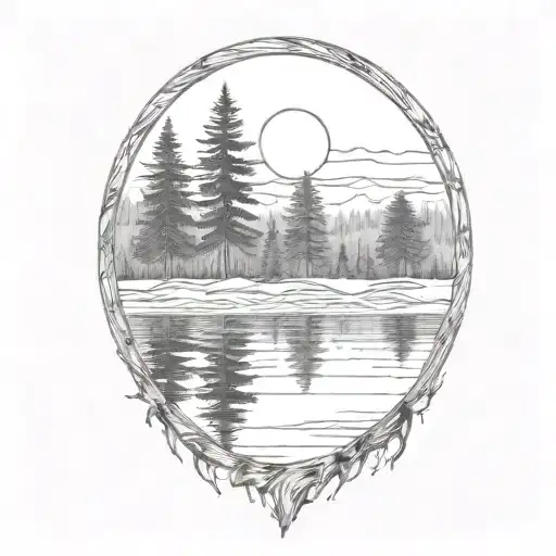 cedar forest behind a pond with a fully visible shining sun tattoo design idea