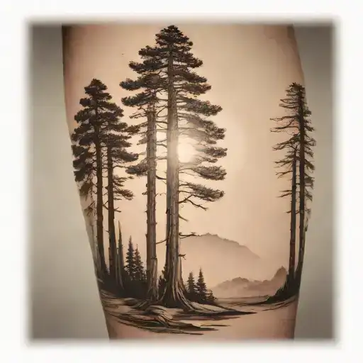 6 redwood trees at the base of a large mountain range under a shining sun tattoo design idea
