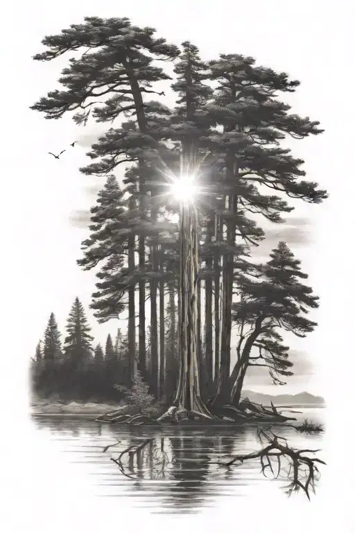 6 redwood trees of different sizes on a lake shore under a shining sun tattoo design idea