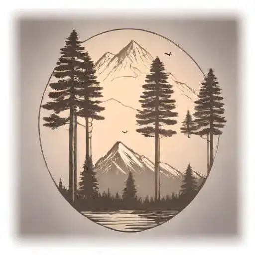 6 redwood trees at the base of a large mountain range under a shining sun tattoo design idea