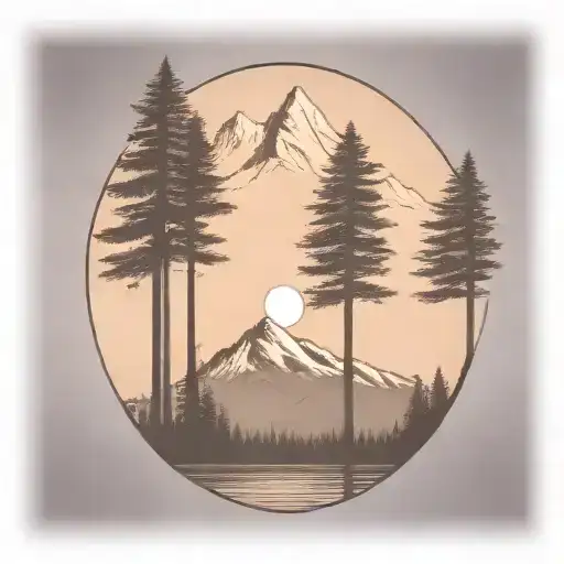 6 redwood trees at the base of a large mountain range under a shining sun tattoo design idea