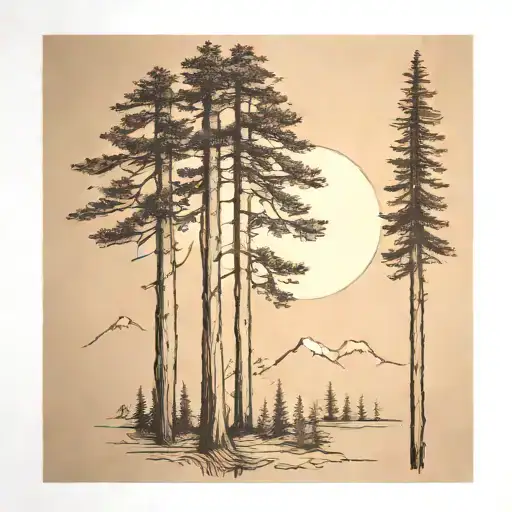 6 redwood trees of different sizes in large mountains under a shining sun tattoo design idea