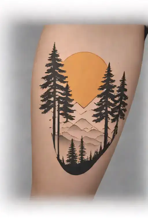 6 weeping cedar trees at the base of a large mountain range under a shining sun with a cross on the face of the sun tattoo design idea