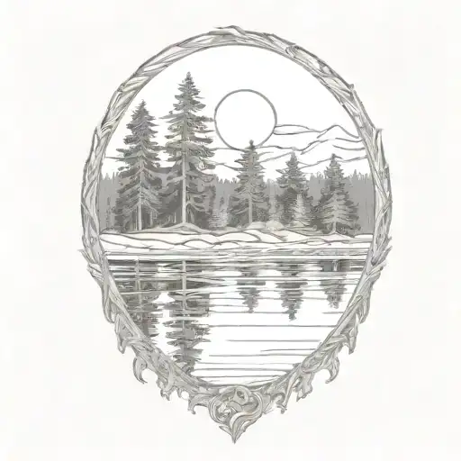 cedar forest behind a pond with a fully visible shining sun tattoo design idea