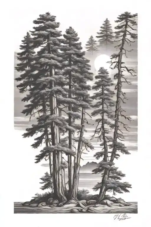 6 redwood trees of different sizes on a sandy lake shore under a shining sun tattoo design idea