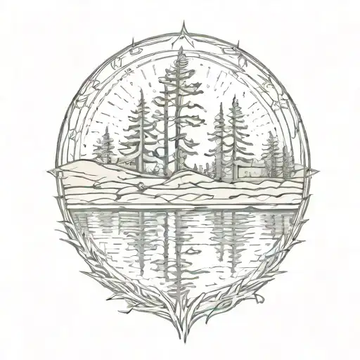 cedar forest behind a pond with a fully visible shining sun tattoo design idea