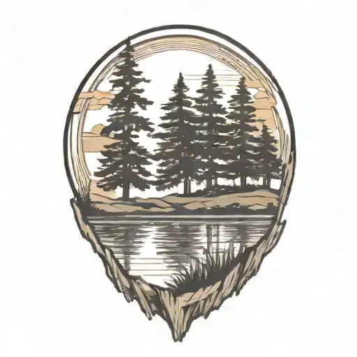 cedar forest behind water on a golf course with a full shining sun tattoo design idea