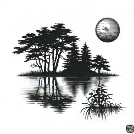 6 weeping cedar trees behind a pond under a rising sun tattoo design idea