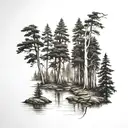 6 tree redwood forest with a lake in front view tattoo design idea