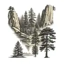 6 tree redwood forest with a lake in front view tattoo design idea