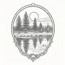 cedar forest behind a pond with a fully visible shining sun tattoo design idea