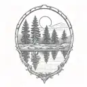cedar forest behind a pond with a fully visible shining sun tattoo design idea