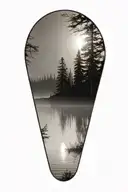 cedar forest behind water with a shining sun rising tattoo design idea