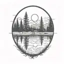 cedar forest behind a pond with a fully visible shining sun tattoo design idea
