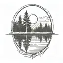 cedar forest behind a pond with a fully visible shining sun tattoo design idea