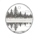 cedar forest behind a pond with a fully visible shining sun tattoo design idea