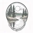 cedar forest behind a pond with a fully visible shining sun tattoo design idea