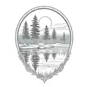 cedar forest behind a pond with a fully visible shining sun tattoo design idea