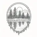 cedar forest behind a pond with a fully visible shining sun tattoo design idea