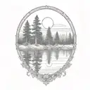 cedar forest behind a pond with a fully visible shining sun tattoo design idea