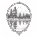 cedar forest behind a pond with a fully visible shining sun tattoo design idea