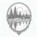 cedar forest behind a pond with a fully visible shining sun tattoo design idea