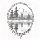 cedar forest behind a pond with a fully visible shining sun tattoo design idea
