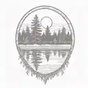 cedar forest behind a pond with a fully visible shining sun tattoo design idea