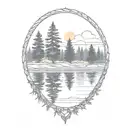 cedar forest behind a pond with a fully visible shining sun tattoo design idea
