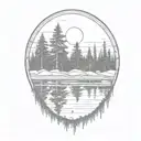 cedar forest behind a pond with a fully visible shining sun tattoo design idea