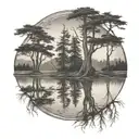 6 weeping cedar trees behind a pond under a rising sun tattoo design idea