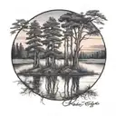6 weeping cedar trees behind a pond under a rising sun tattoo design idea