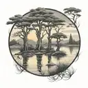 6 weeping cedar trees behind a pond under a rising sun tattoo design idea