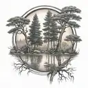 6 weeping cedar trees behind a pond under a rising sun tattoo design idea