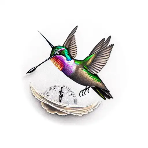 a gold annversiry clock with humming bird sleeve tattoo design idea