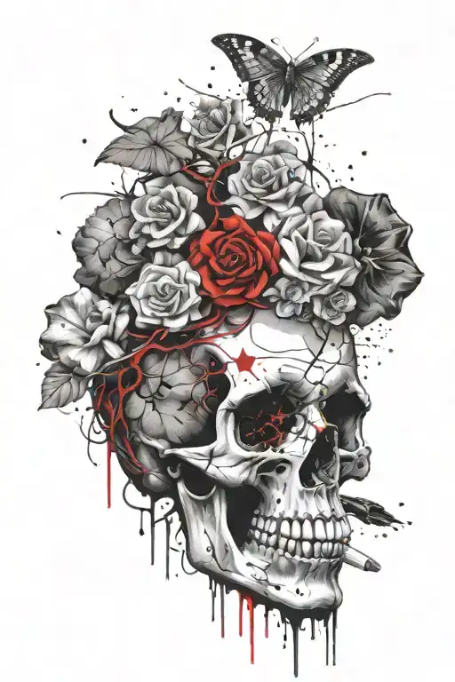 female skull sniffing cocaine mushroom trip artistic drwaing realistic tattoo design idea